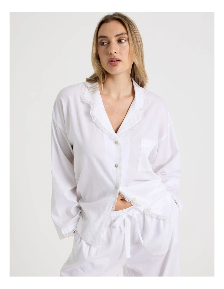 Divine Cotton & Lace Long Sleeve Long PJ Set in White image 2