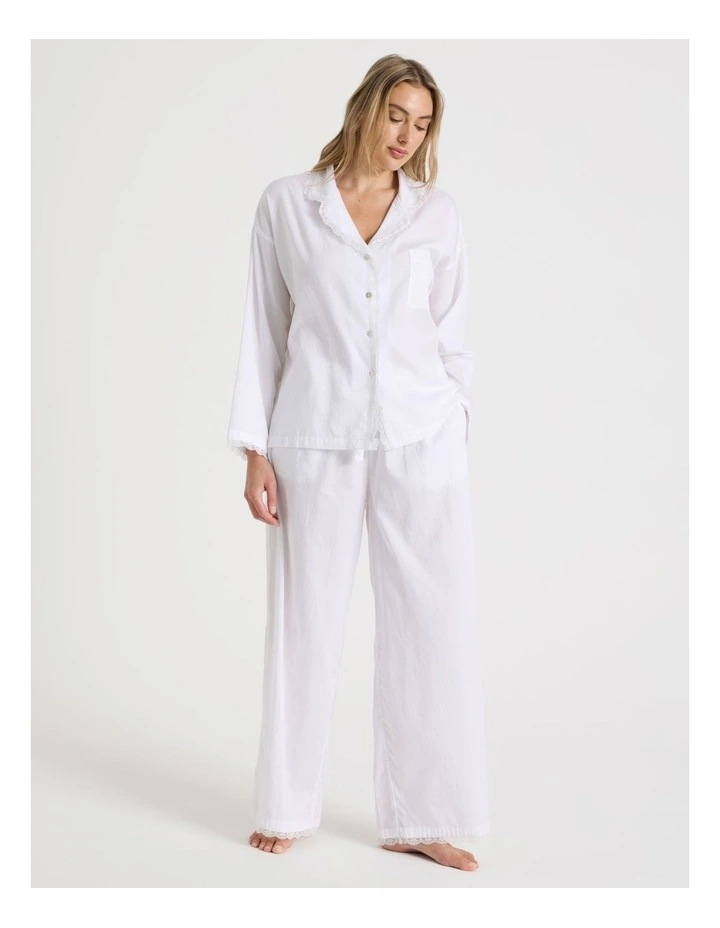 Divine Cotton & Lace Long Sleeve Long PJ Set in White image 3