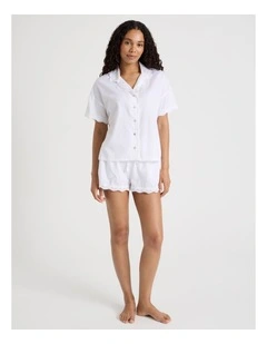 Pintuck Cotton Sateen & lace Trim Short Sleeve PJ Set in White