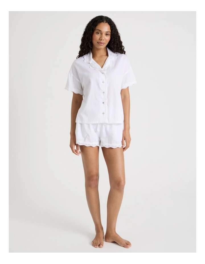Pintuck Cotton Sateen & lace Trim Short Sleeve PJ Set in White image 1