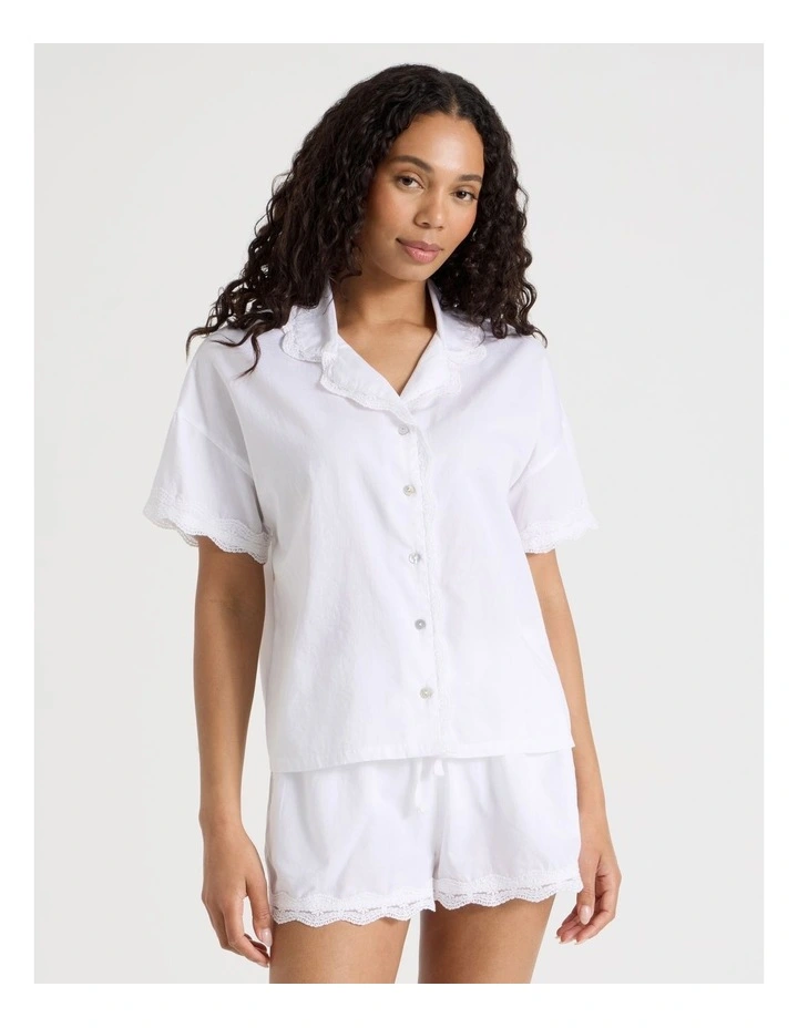 Pintuck Cotton Sateen & lace Trim Short Sleeve PJ Set in White image 2