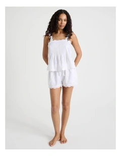 Pintuck Cotton Sateen & lace Trim Cami Boxer Set in White