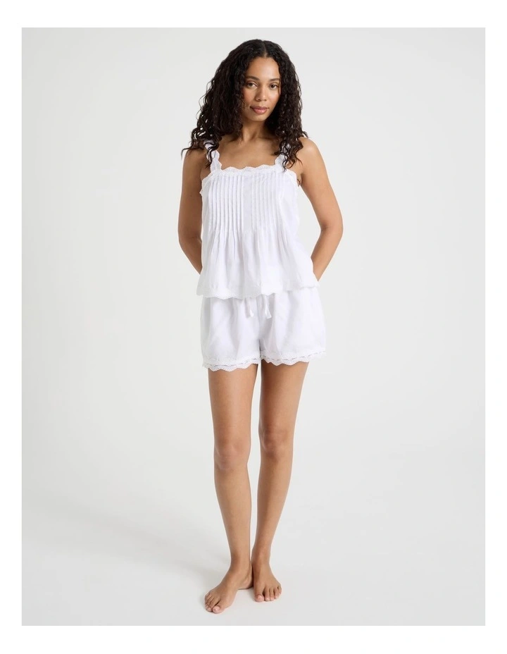 Pintuck Cotton Sateen & lace Trim Cami Boxer Set in White image 1