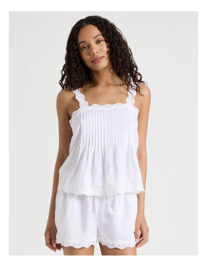Pintuck Cotton Sateen & lace Trim Cami Boxer Set in White image 2