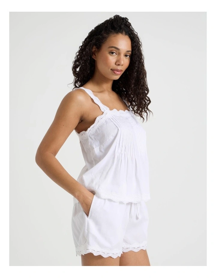 Pintuck Cotton Sateen & lace Trim Cami Boxer Set in White image 5