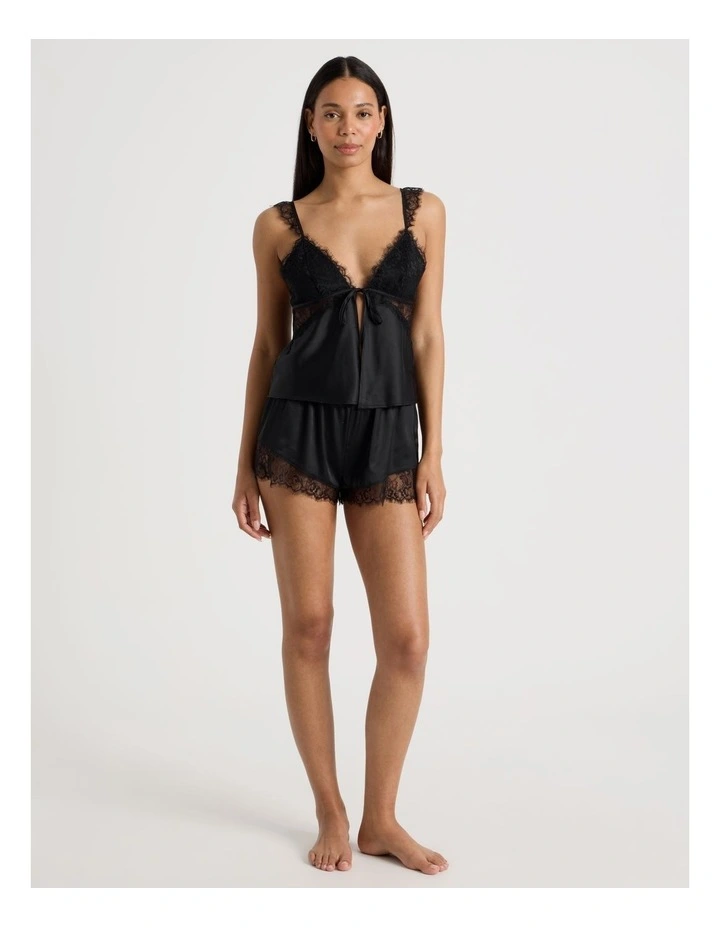 The Vow Satin & Eyelash Lace Cami Set in Black image 2