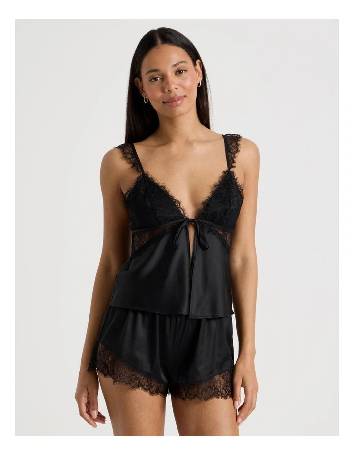 The Vow Satin & Eyelash Lace Cami Set in Black image 3