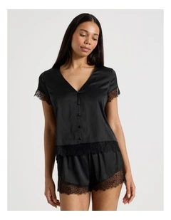 The Vow Satin & Eyelash Lace S/S PJ Set in Black
