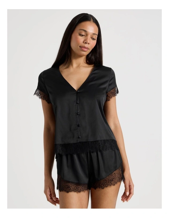 The Vow Satin & Eyelash Lace S/S PJ Set in Black image 1