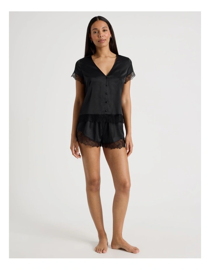 The Vow Satin & Eyelash Lace S/S PJ Set in Black image 2