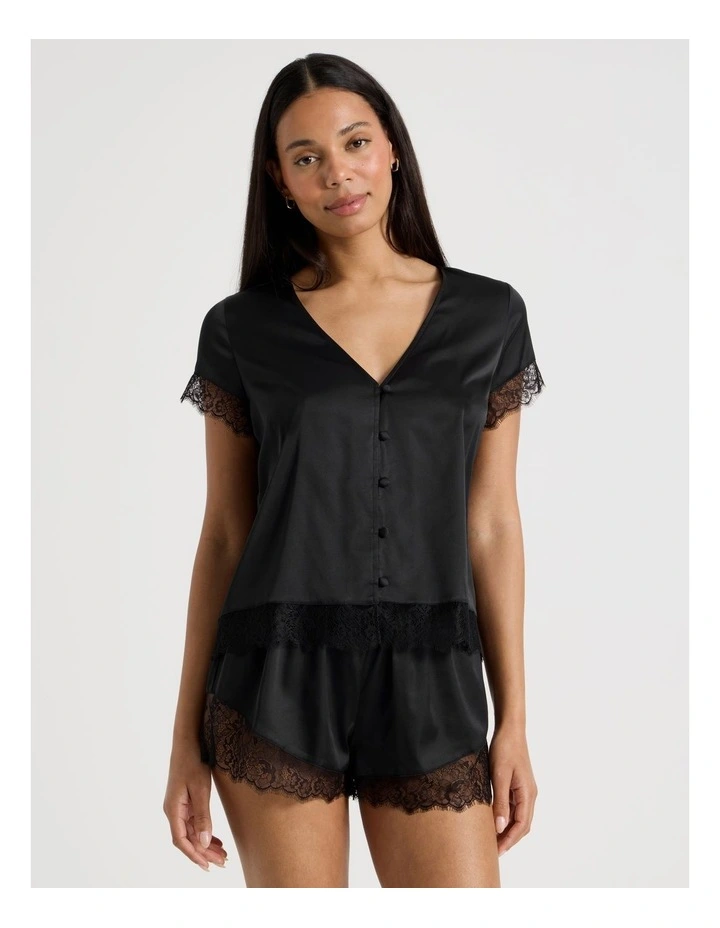 The Vow Satin & Eyelash Lace S/S PJ Set in Black image 5