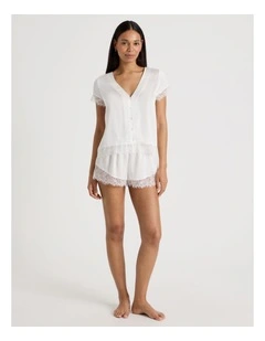 The Vow Satin & Eyelash Lace Short Sleeve PJ Set in Ivory