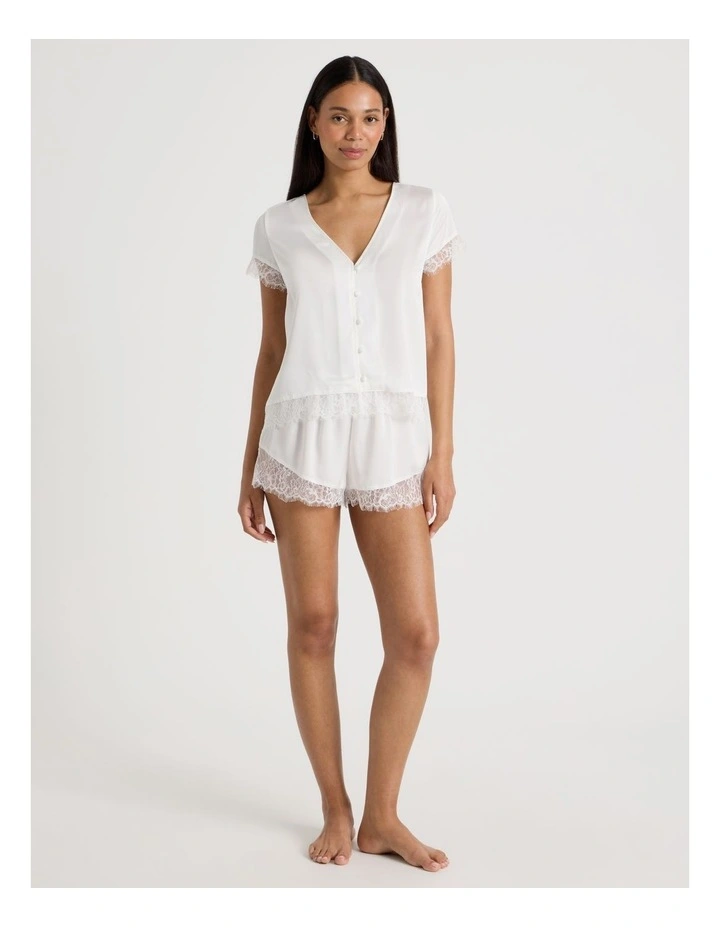 The Vow Satin & Eyelash Lace Short Sleeve PJ Set in Ivory image 1