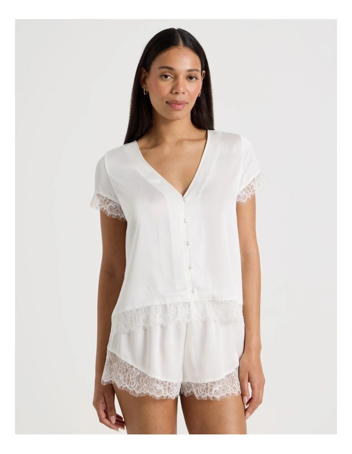 The Vow Satin & Eyelash Lace Short Sleeve PJ Set in Ivory image 2