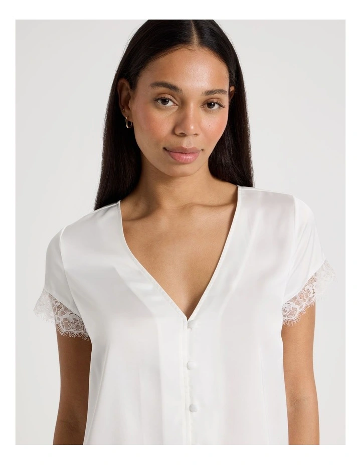 The Vow Satin & Eyelash Lace Short Sleeve PJ Set in Ivory image 3