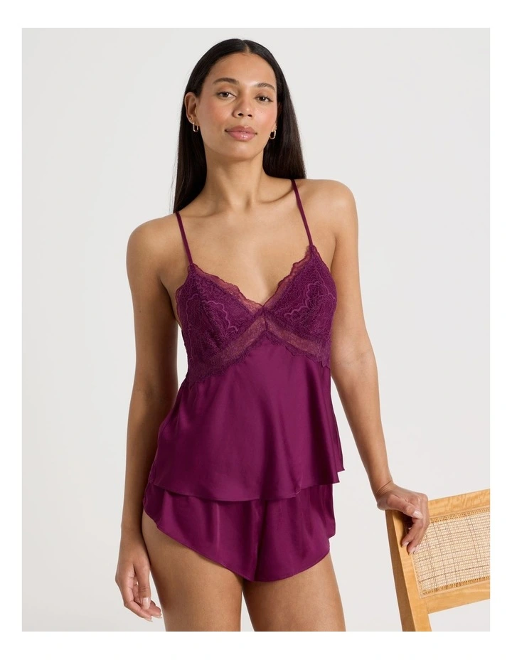Luxe Satin Lace Bodice Cami Short Set in Berry image 1