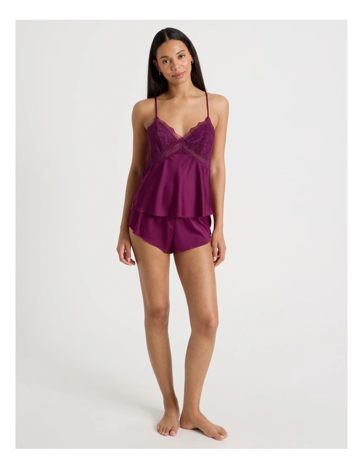 Luxe Satin Lace Bodice Cami Short Set in Berry image 2