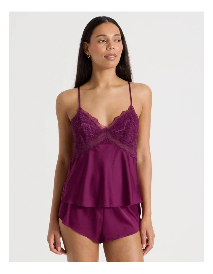 Luxe Satin Lace Bodice Cami Short Set in Berry image 5