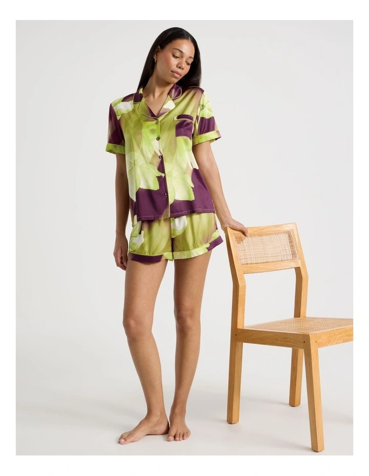 Luxe Satin Short Sleeve PJ Set in Berry Floral Print image 2