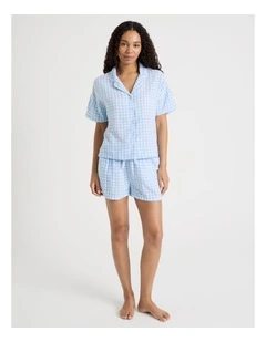 Divine Cheesecloth Short Sleeve PJ Set in Soft Blue Check Y/D