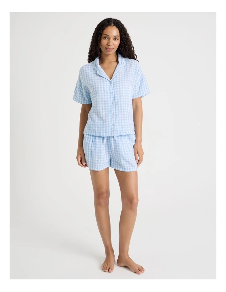 Divine Cheesecloth Short Sleeve PJ Set in Soft Blue Check Y/D image 1