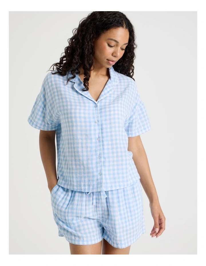 Divine Cheesecloth Short Sleeve PJ Set in Soft Blue Check Y/D image 2