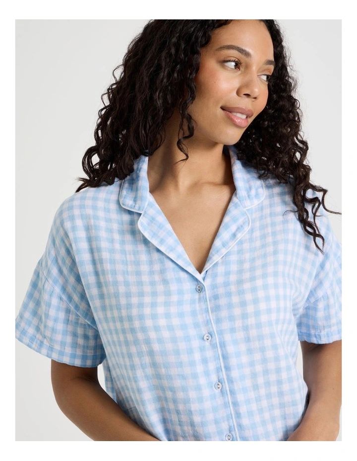 Divine Cheesecloth Short Sleeve PJ Set in Soft Blue Check Y/D image 3