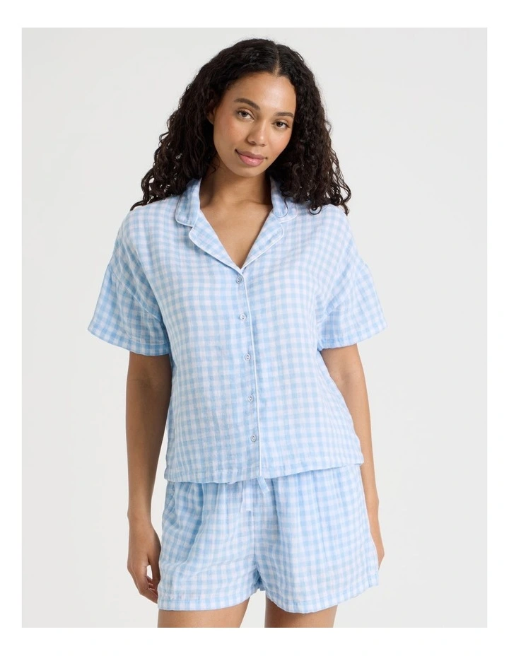Divine Cheesecloth Short Sleeve PJ Set in Soft Blue Check Y/D image 5