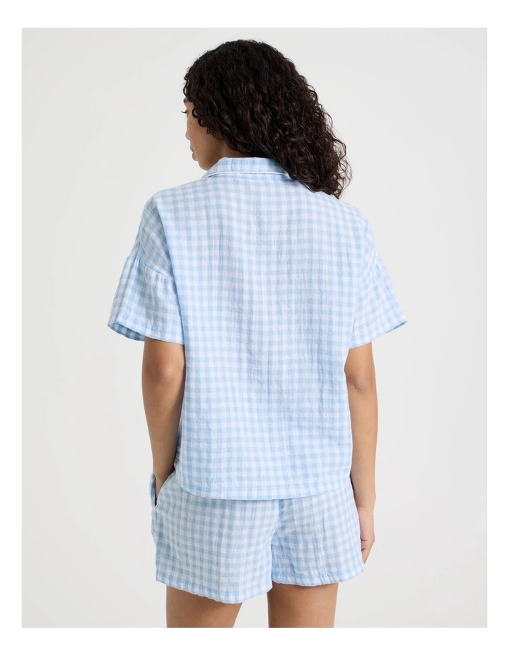 Divine Cheesecloth Short Sleeve PJ Set in Soft Blue Check Y/D image 6