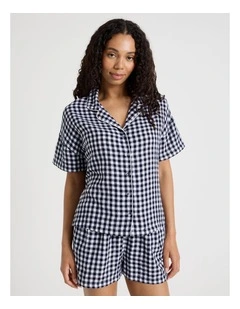 Divine Cheesecloth Short Sleeve PJ Set in Navy Check Y/D