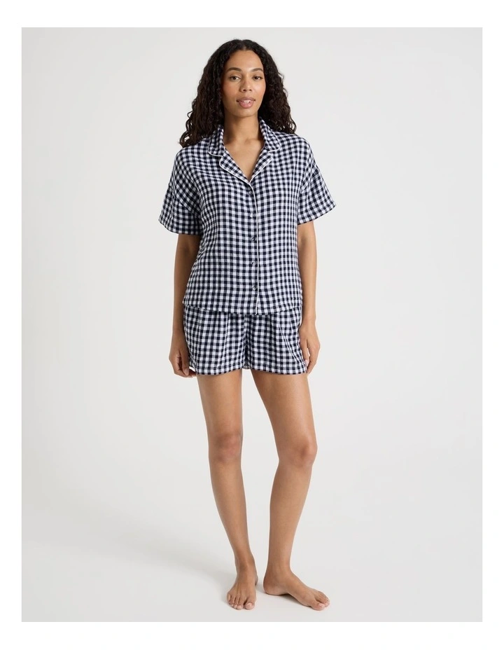Divine Cheesecloth Short Sleeve PJ Set in Navy Check Y/D image 2