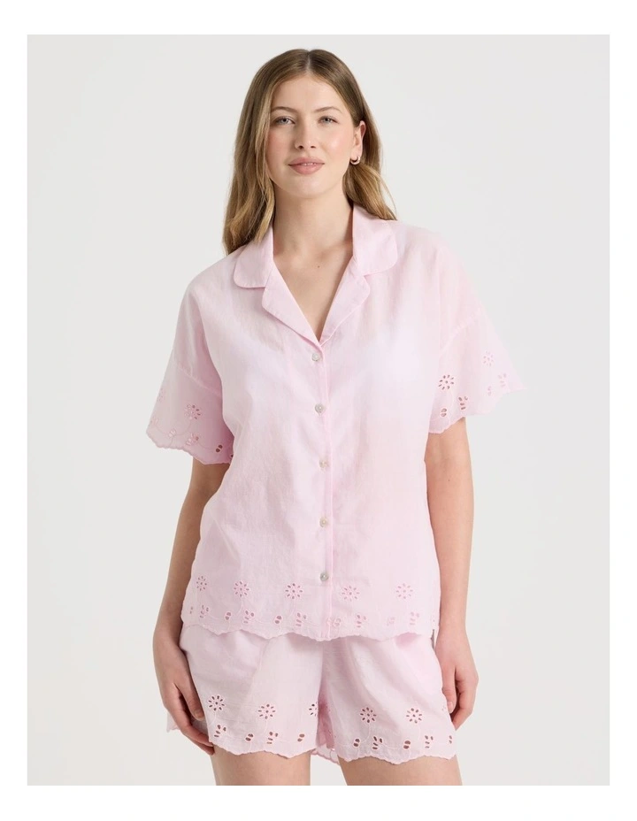 Divine Cotton Broderie S/S PJ Set in Soft Pink image 1