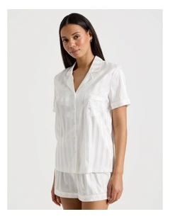 Luxe Satin Jacquard Stripe S/S PJ Set in Ivory