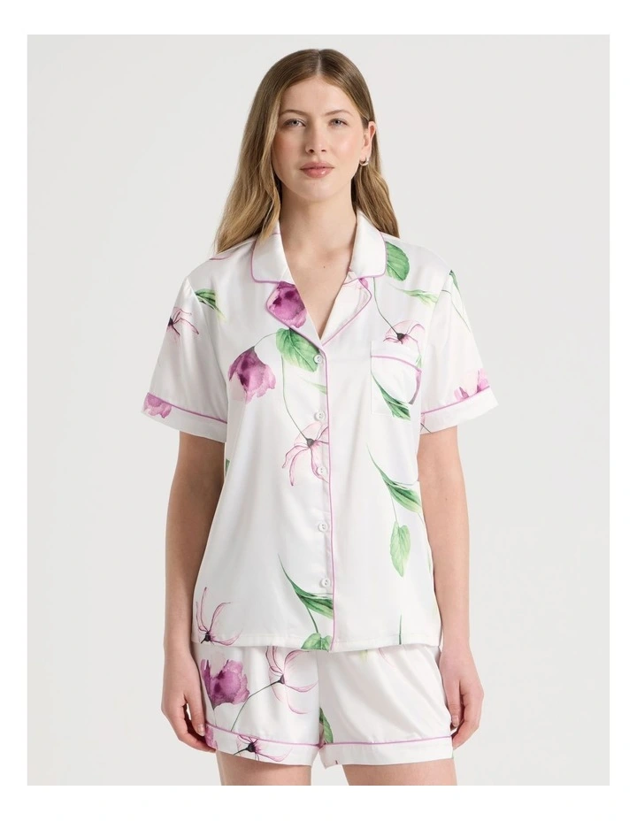 Luxe Satin Short Sleeve PJ Set in Gardenia Floral Print image 1