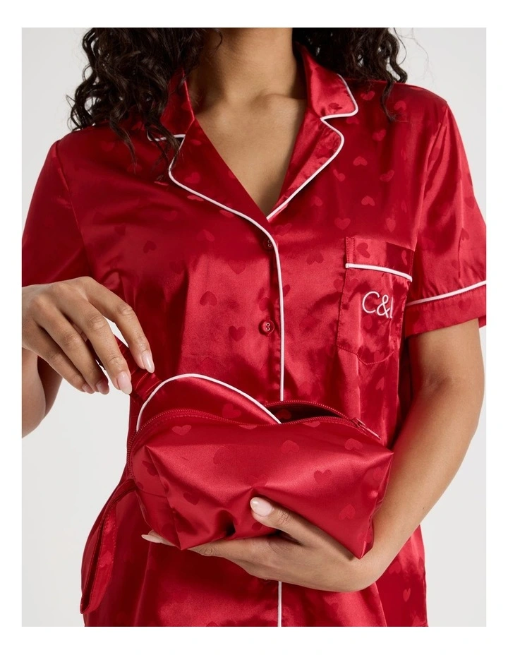 Luxe Satin Jacquard Short Sleeve Short PJ Gift Set in Red image 3