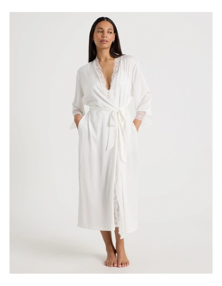 The Vow Satin & Eyelash Lace Robe in Ivory image 3