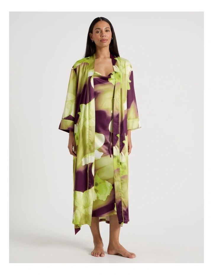 Luxe Satin Long Robe in Berry Floral Print image 2