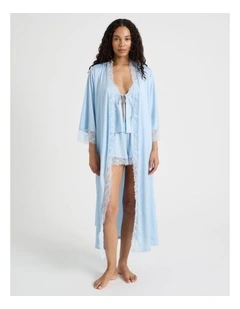 The Vow Satin & Eyelash Lace Robe in Powder Blue
