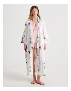 Luxe Satin Long Robe in Gardenia Floral Print