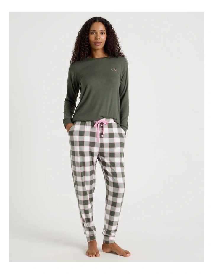 Cosy Supersoft Cuffed Pant in Olive Check Print image 2