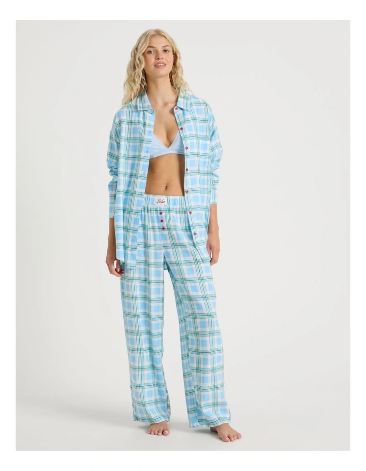 Lola Flannelette Boyfriend Pant in Blue & Choc Check Print image 1