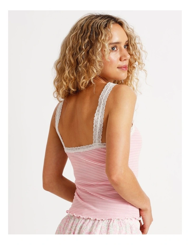 Lola Lace Trim Rib Cami in Pink Sorbet Y/D Stripe Print image 5