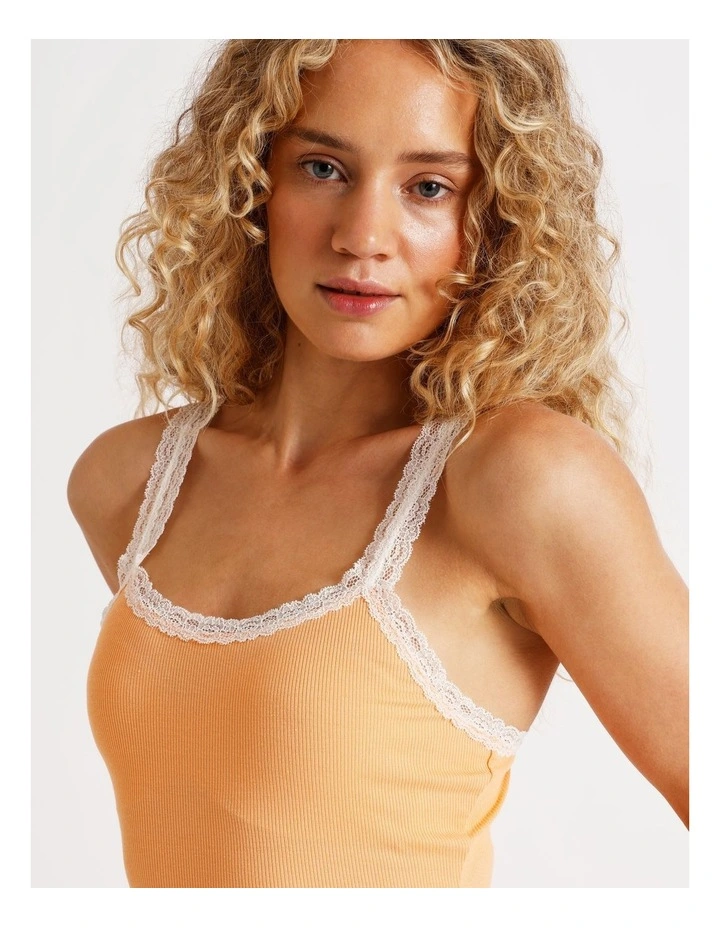 Lace Trim Rib Cami in Peach image 3