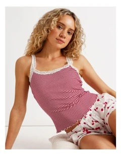 Lace Trim Rib Cami in Chilli Red Y/D Stripe