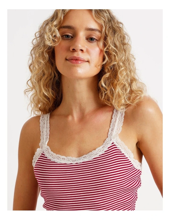 Lace Trim Rib Cami in Chilli Red Y/D Stripe image 5