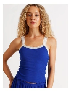 Lola Lace Trim Rib Cami in Sapphire