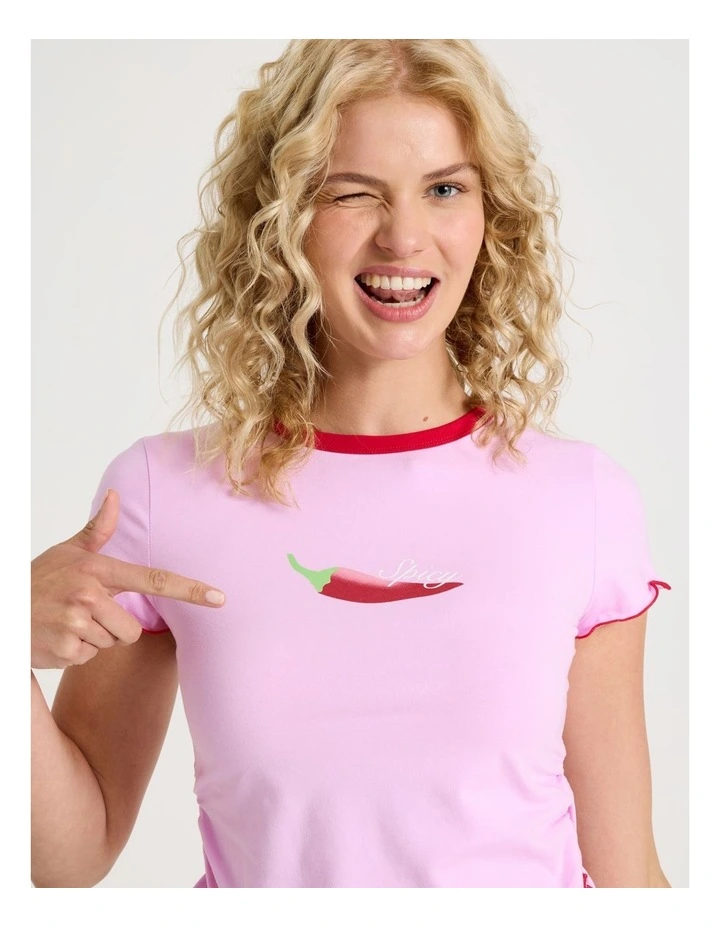 Lola Ruched Short Sleeve Baby Tee in Graphic Spicy Chilli image 2