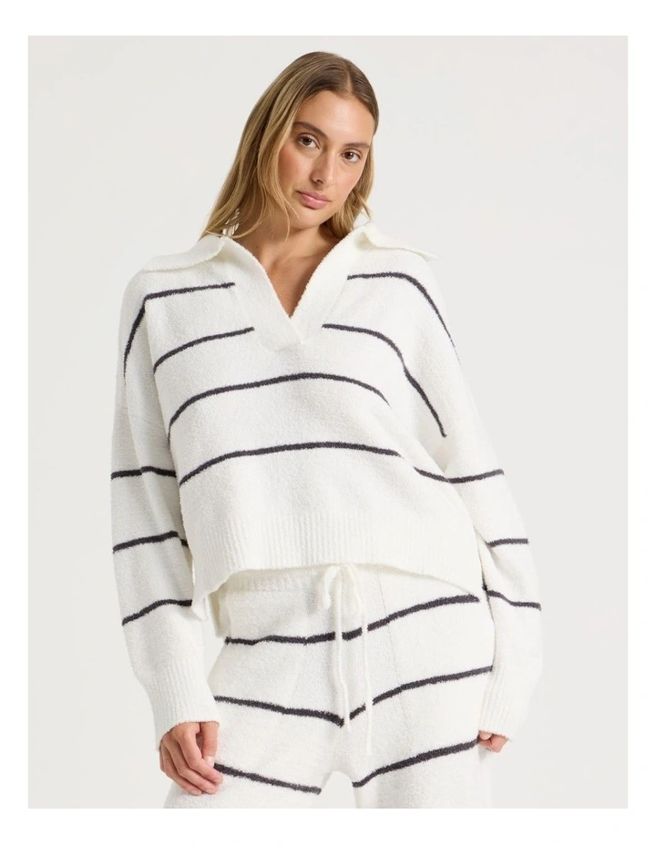 Cosy Boucle Open V-Collar Long Sleeve Top in Ivory Y/D Stripe image 1