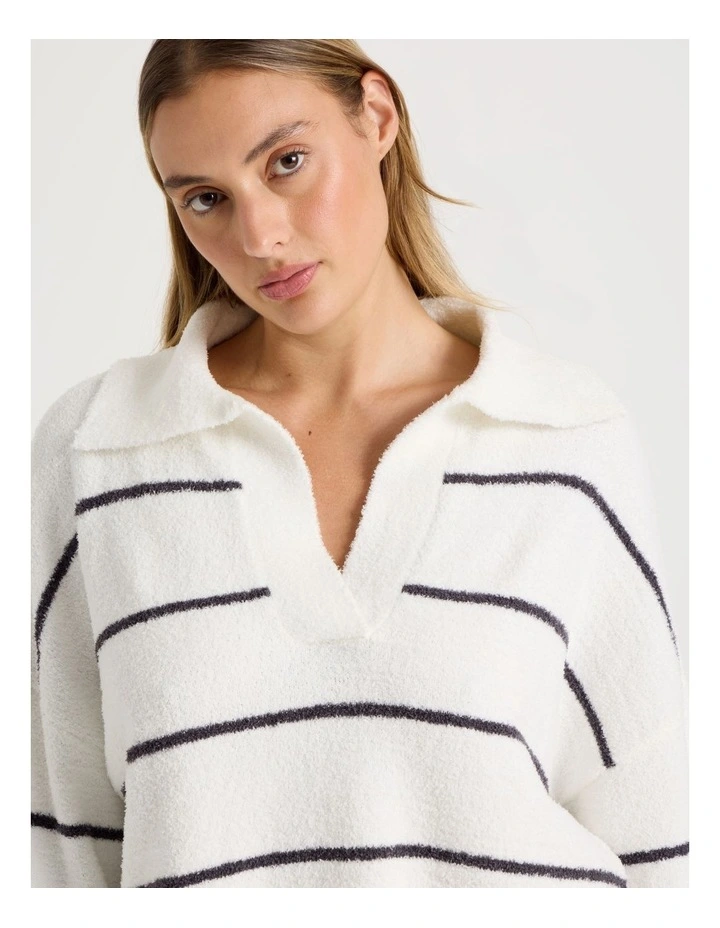 Cosy Boucle Open V-Collar Long Sleeve Top in Ivory Y/D Stripe image 3