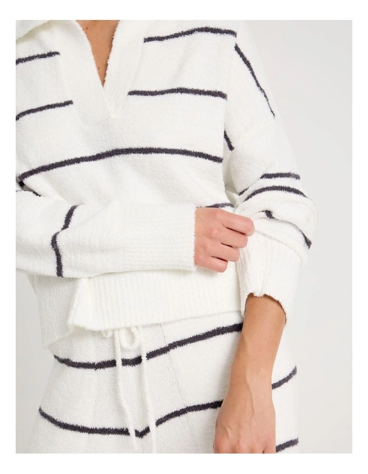 Cosy Boucle Open V-Collar Long Sleeve Top in Ivory Y/D Stripe image 4